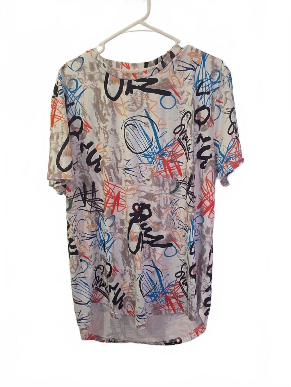 SHEIN Women’s XL Abstract Graffiti Print High-Low Hem Short Sleeve Tunic